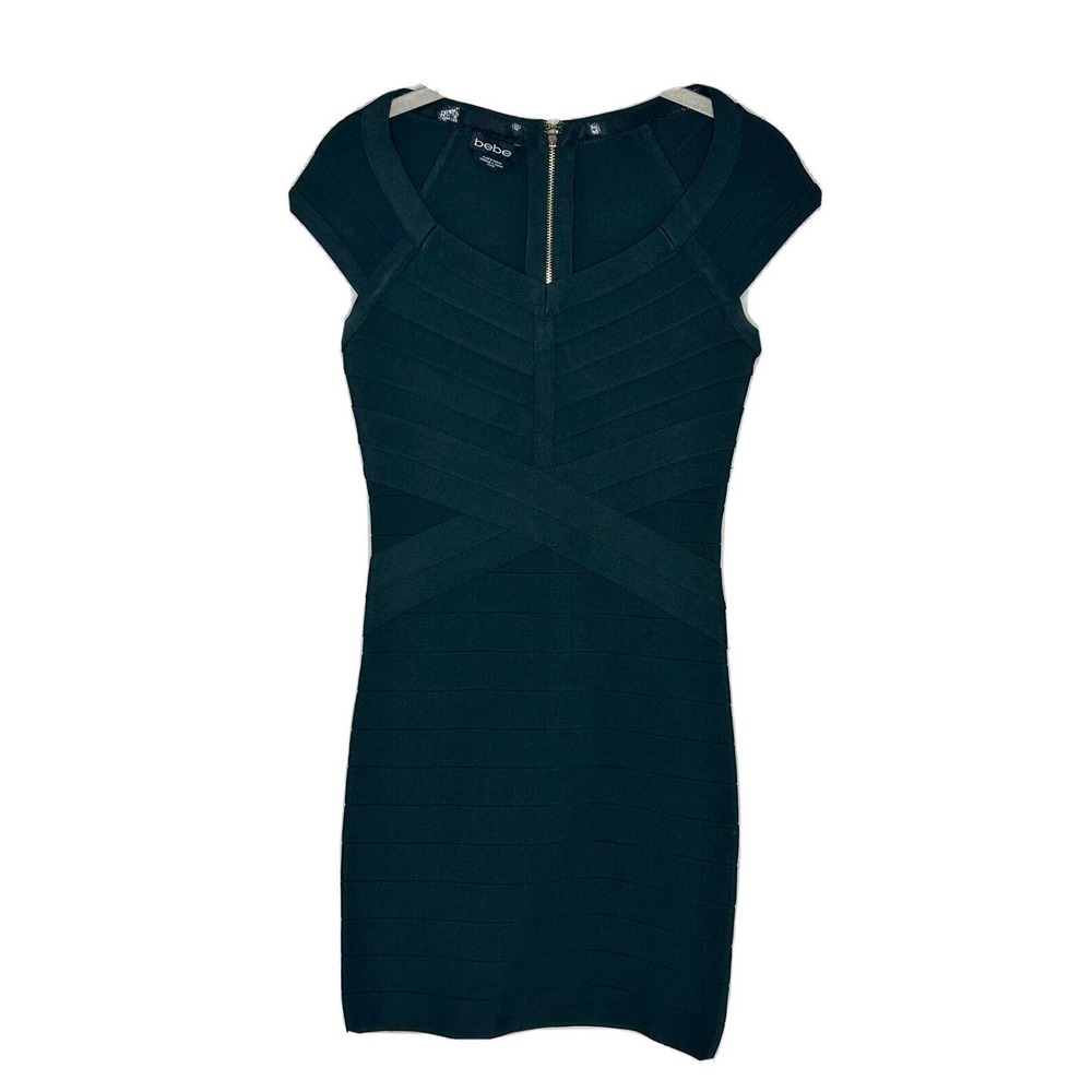 Bebe Women's Black Cap Sleeve V Neck Bandage Bodycon Mini Dress Size XS